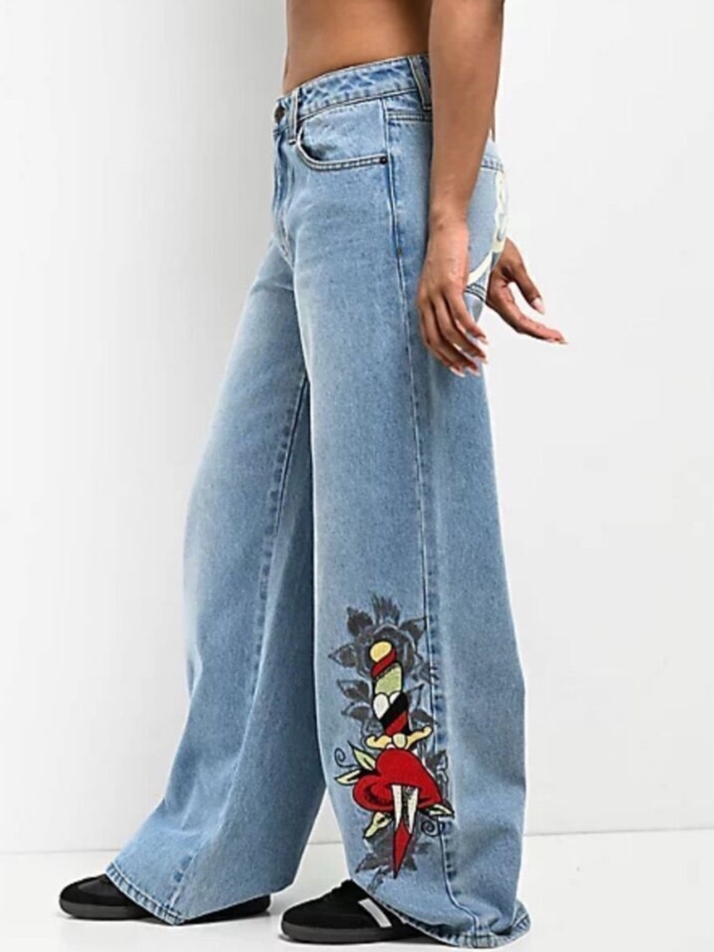 Ed Hardy Light Blue Wide-Leg Denim Jeans with Embroidered Heart Dagger Size 24